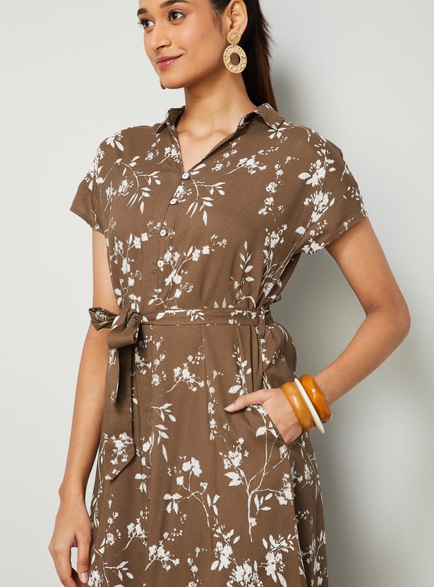 COLOUR ME Floral Print Shirt Dress with Belt