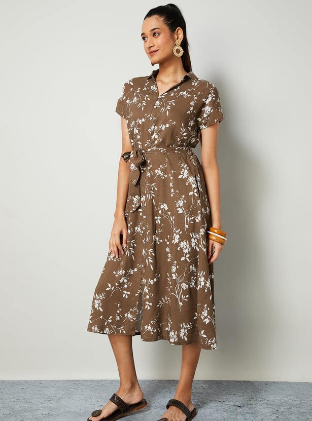COLOUR ME Floral Print Shirt Dress with Belt