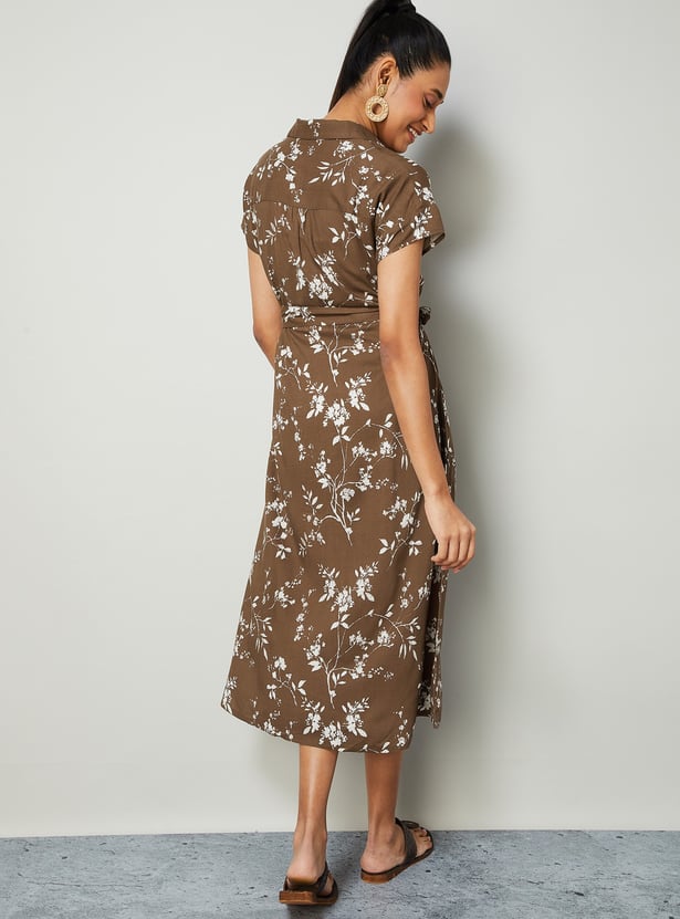 COLOUR ME Floral Print Shirt Dress with Belt