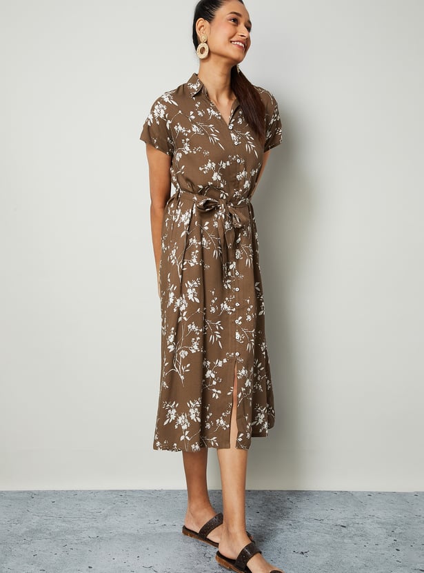 COLOUR ME Floral Print Shirt Dress with Belt