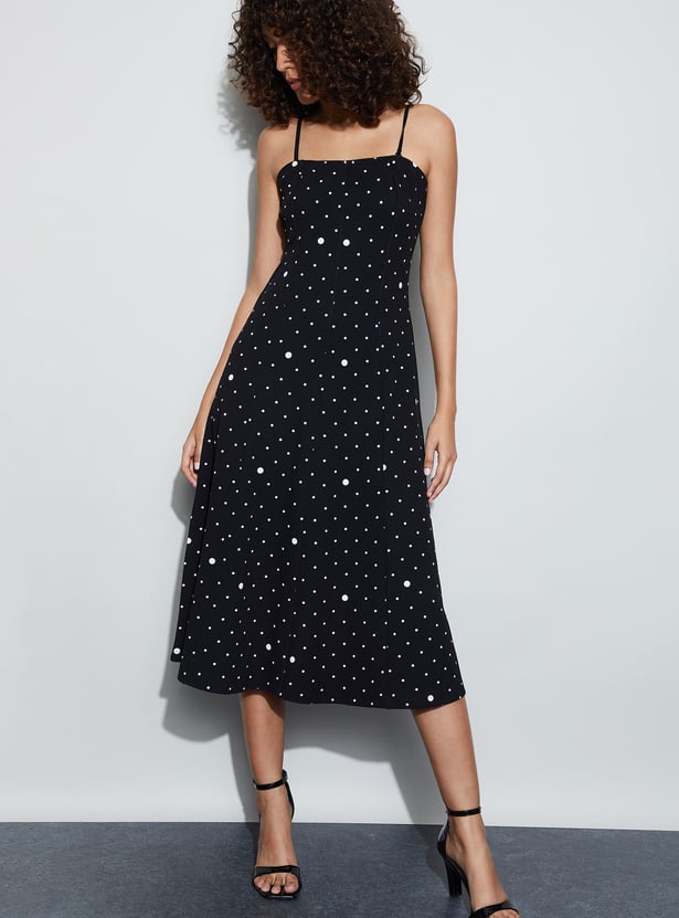 CODE Polka-Dot Spaghetti Neck Midi Dress