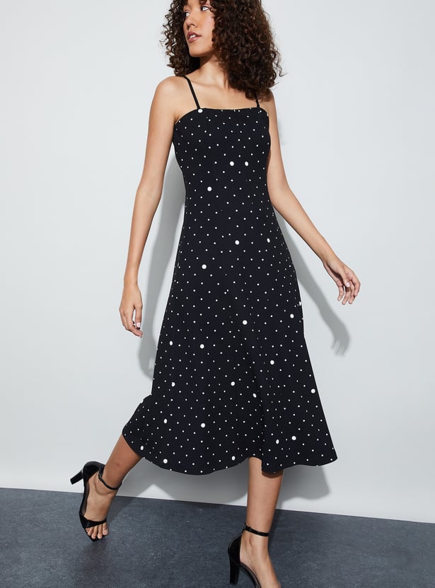 CODE Polka-Dot Spaghetti Neck Midi Dress