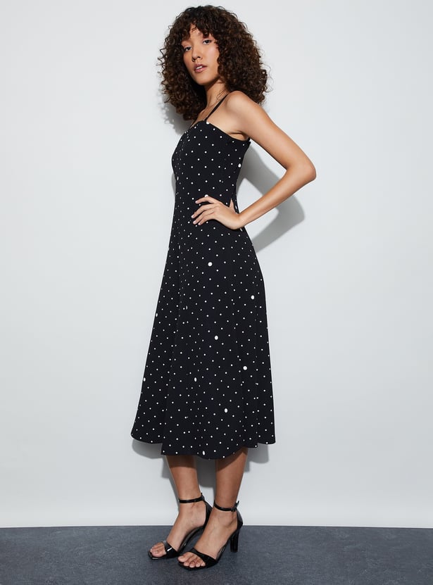 CODE Polka-Dot Spaghetti Neck Midi Dress