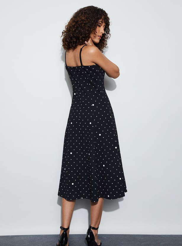 CODE Polka-Dot Spaghetti Neck Midi Dress