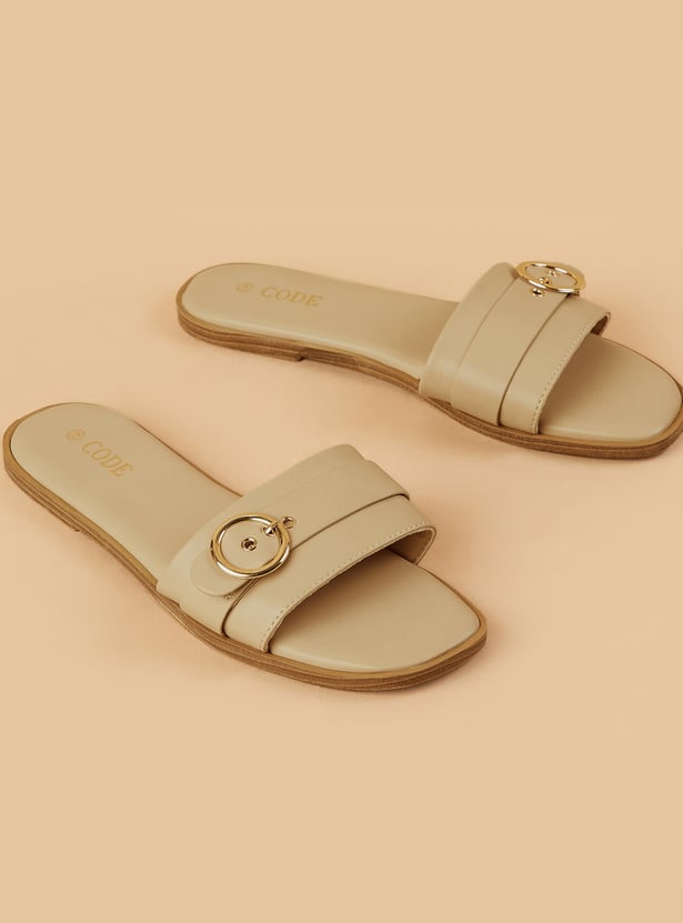 CODE Buckle Detailed Open Toe Flats