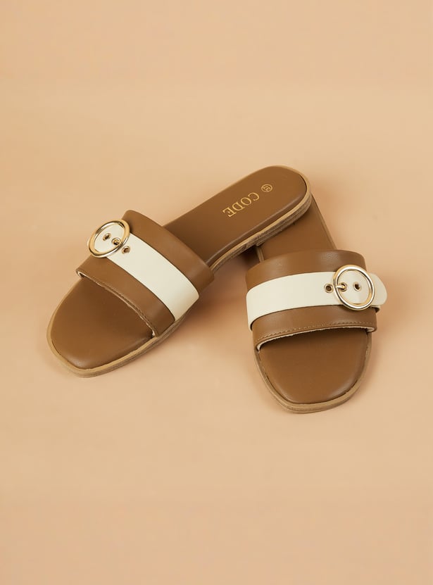 CODE Buckle Detailed Open Toe Flats