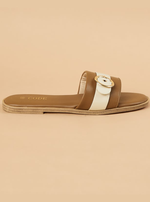 CODE Buckle Detailed Open Toe Flats