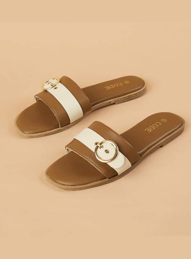 CODE Buckle Detailed Open Toe Flats