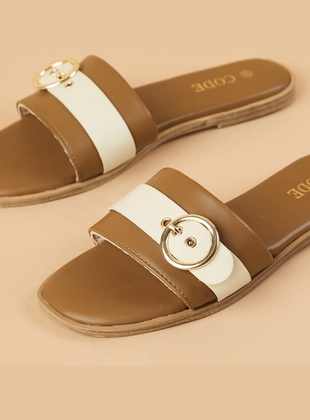 CODE Buckle Detailed Open Toe Flats