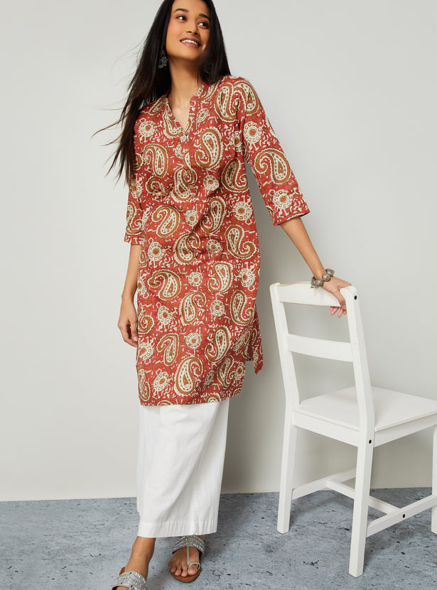 MELANGE Paisley Print Band Collar Straight Kurta