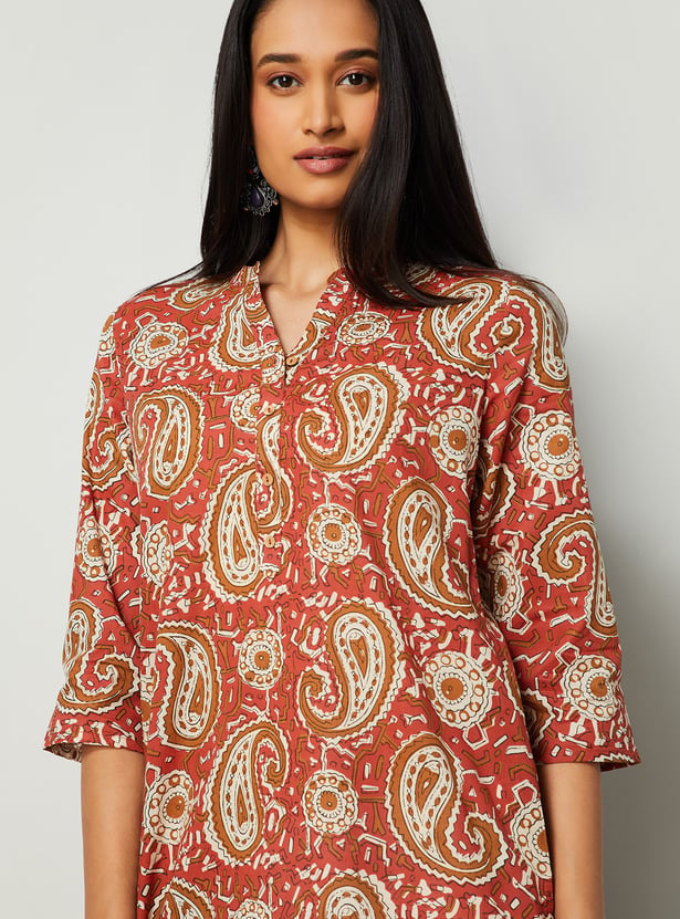 MELANGE Paisley Print Band Collar Straight Kurta