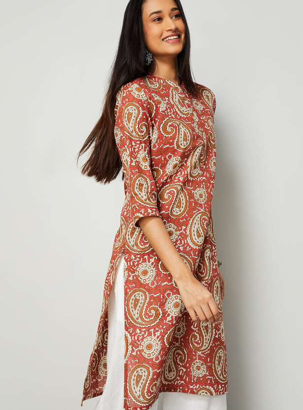MELANGE Paisley Print Band Collar Straight Kurta