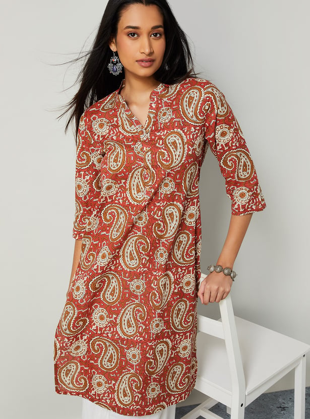 MELANGE Paisley Print Band Collar Straight Kurta