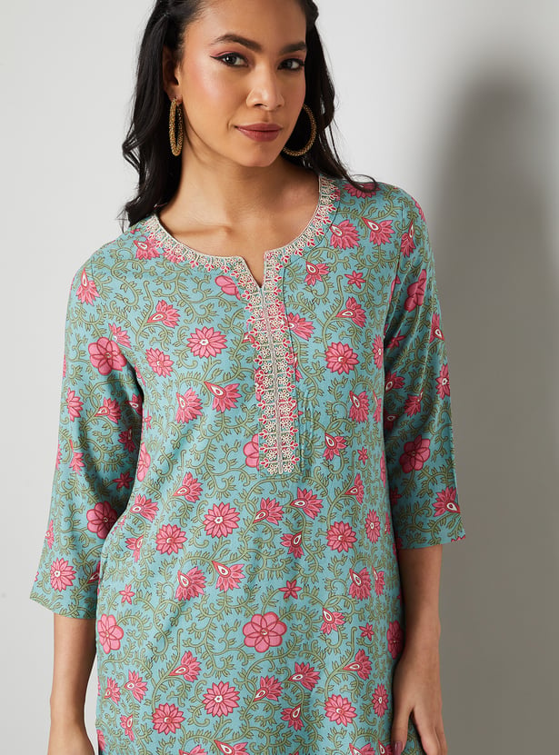 MELANGE Floral Print Notched Neck Straight Kurta