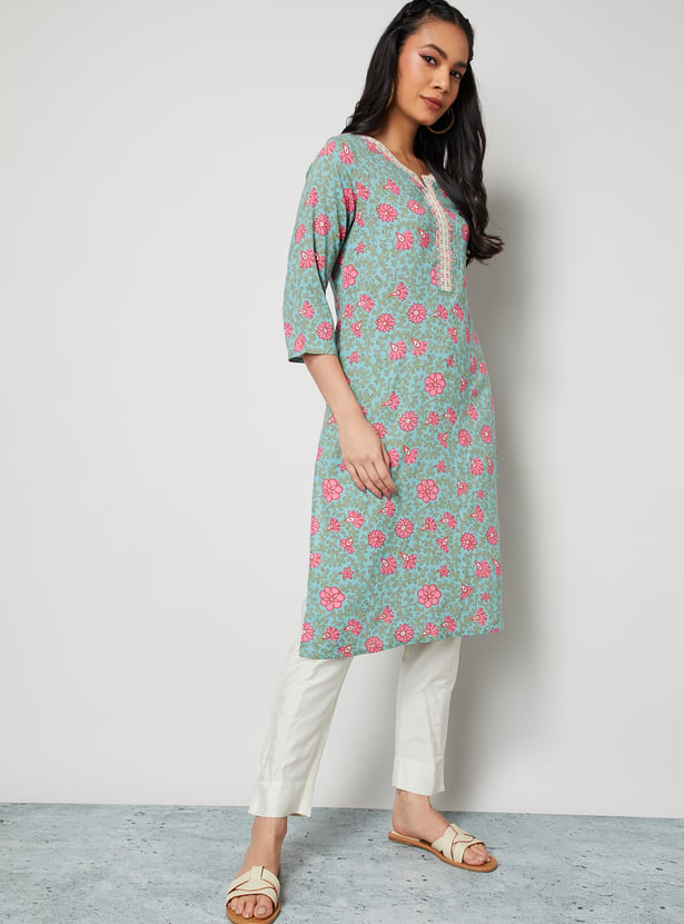 MELANGE Floral Print Notched Neck Straight Kurta