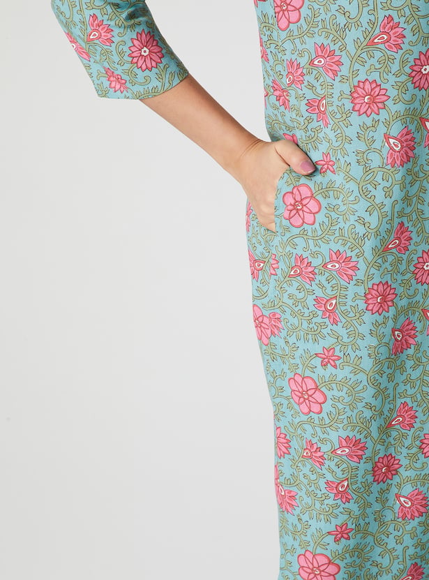 MELANGE Floral Print Notched Neck Straight Kurta