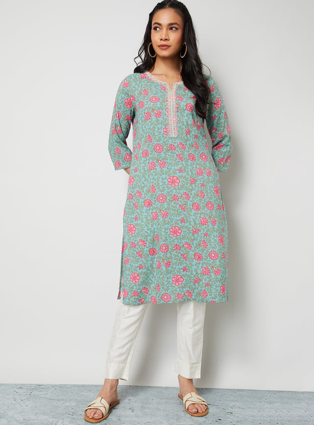 MELANGE Floral Print Notched Neck Straight Kurta
