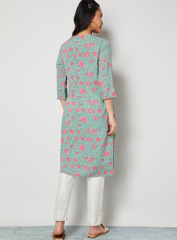 MELANGE Floral Print Notched Neck Straight Kurta