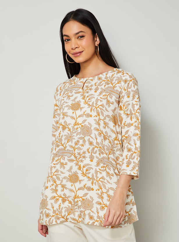 MELANGE Floral Print Boat Neck 3/4th Sleeves Straight Kurti