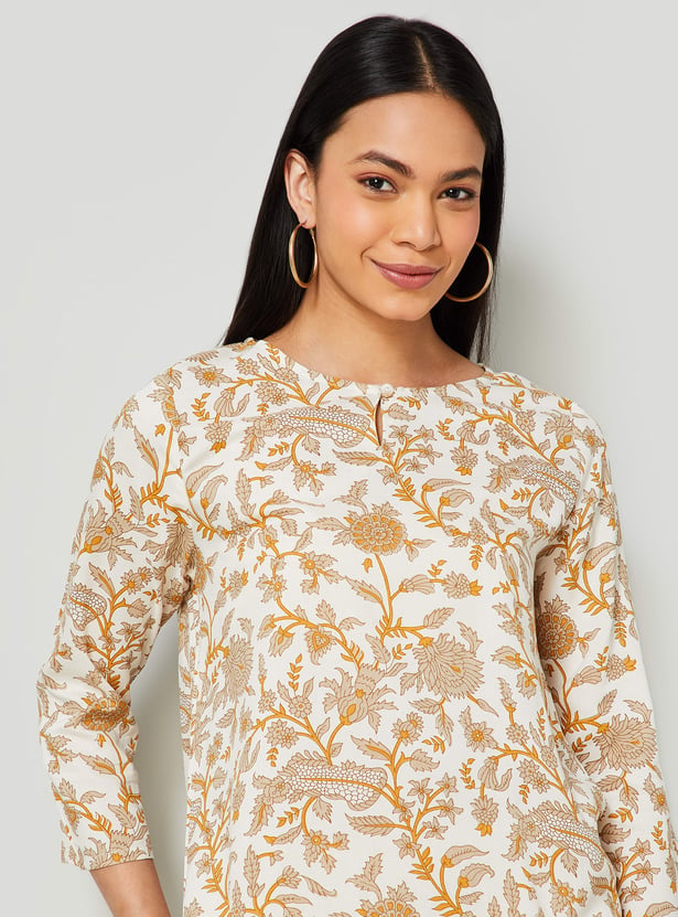 MELANGE Floral Print Boat Neck 3/4th Sleeves Straight Kurti