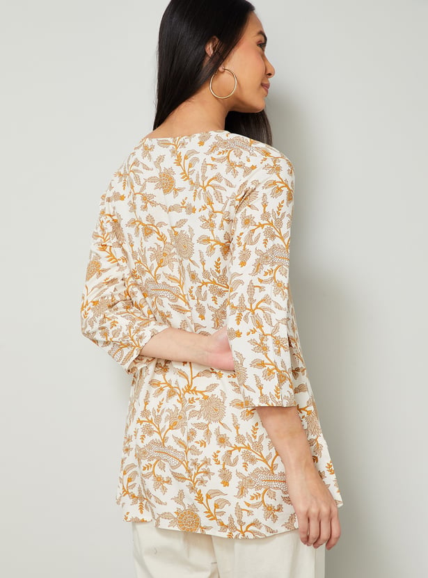 MELANGE Floral Print Boat Neck 3/4th Sleeves Straight Kurti