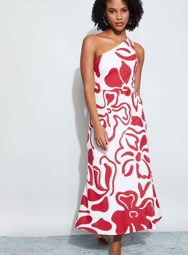 GINGER Floral Print One-Shoulder Midi Dress