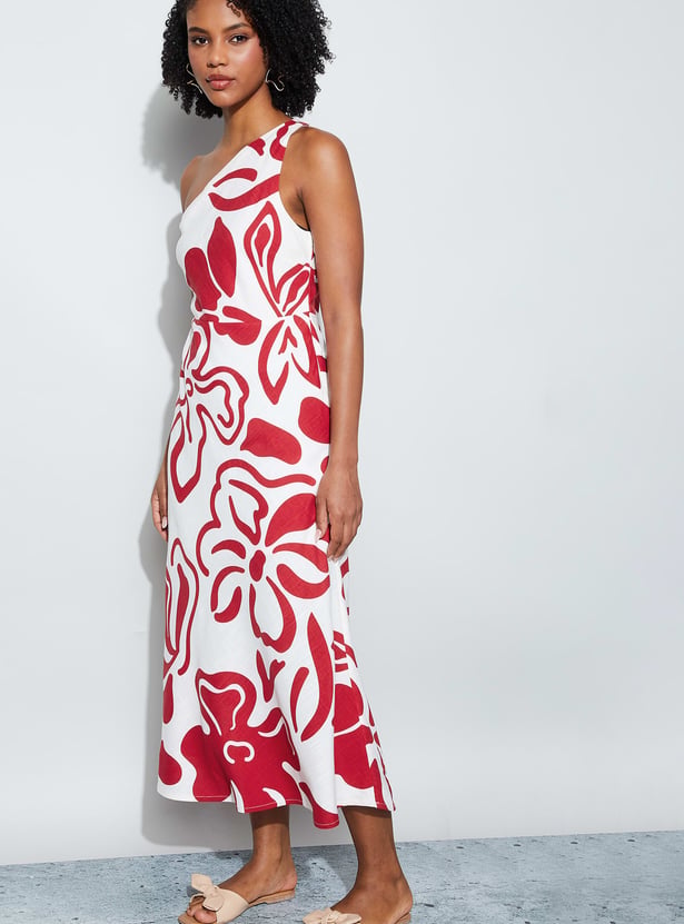 GINGER Floral Print One-Shoulder Midi Dress