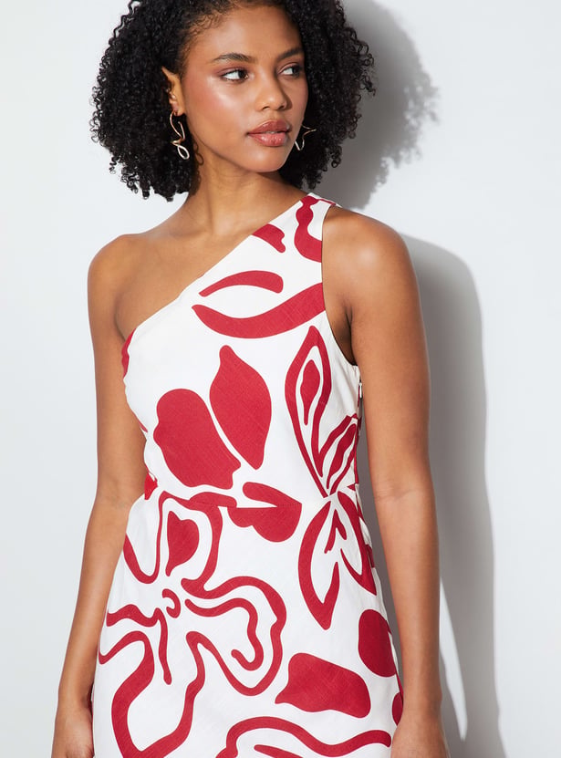 GINGER Floral Print One-Shoulder Midi Dress