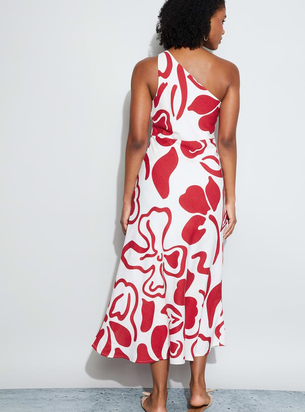 GINGER Floral Print One-Shoulder Midi Dress