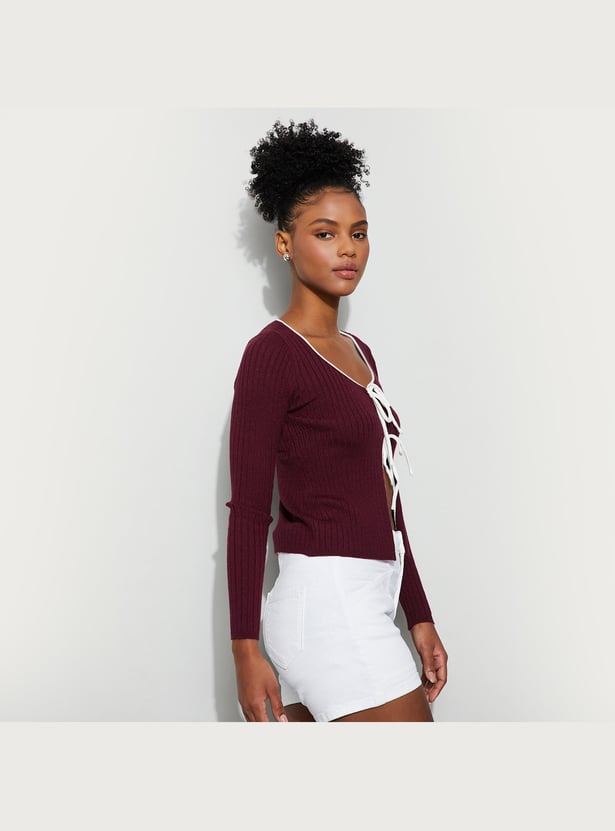 GINGER Ribbed Tie-Up Neck Top