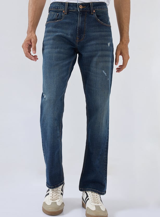 SPYKAR Distressed Mid-Rise Regular Straight Jeans