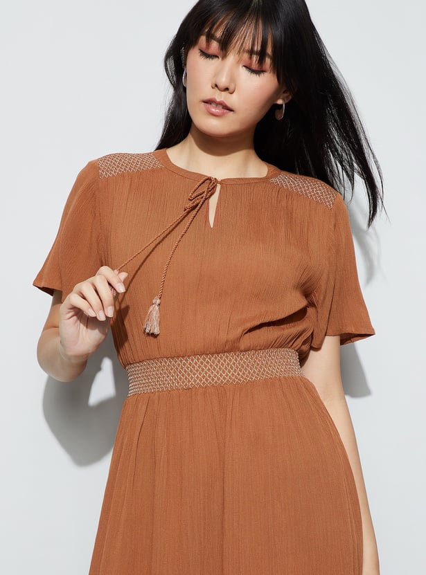 FAME FOREVER Solid Smocked Waist Midi Dress