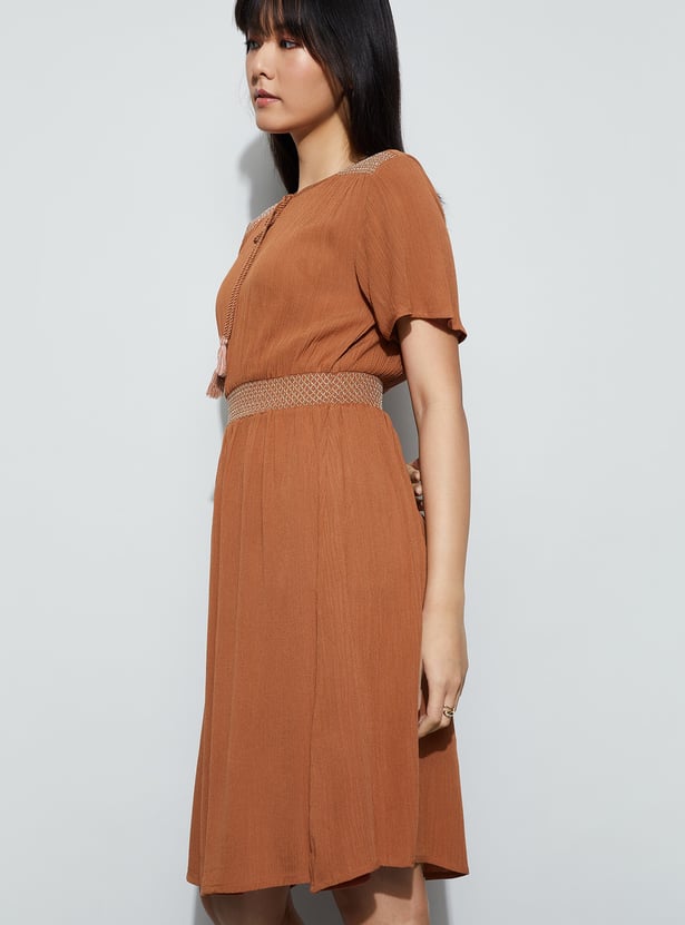 FAME FOREVER Solid Smocked Waist Midi Dress
