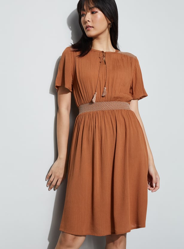 FAME FOREVER Solid Smocked Waist Midi Dress