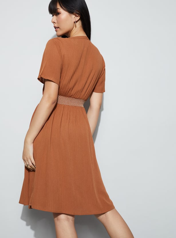 FAME FOREVER Solid Smocked Waist Midi Dress