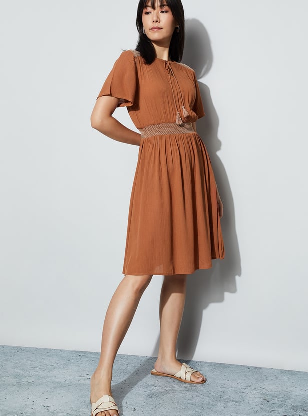 FAME FOREVER Solid Smocked Waist Midi Dress