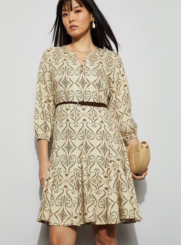 FAME FOREVER Ethnic Printed Fit & Flare Dress with Belt