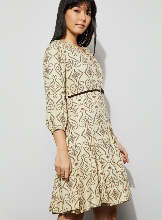 FAME FOREVER Ethnic Printed Fit & Flare Dress with Belt