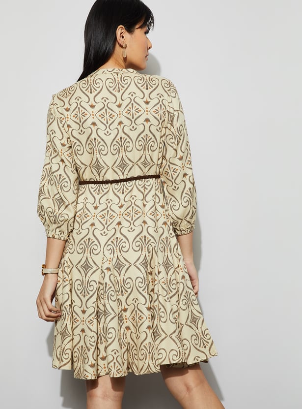 FAME FOREVER Ethnic Printed Fit & Flare Dress with Belt