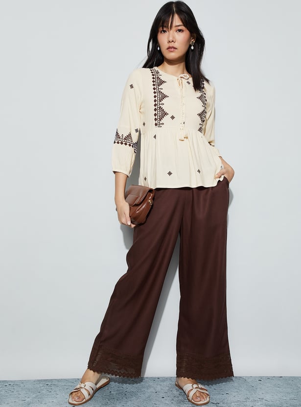 FAME FOREVER Embroidered Tie-Up Peplum Top