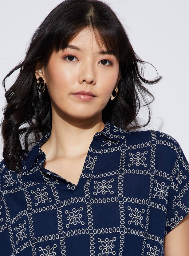 FAME FOREVER Geometric Print Johnny Collar T-shirt