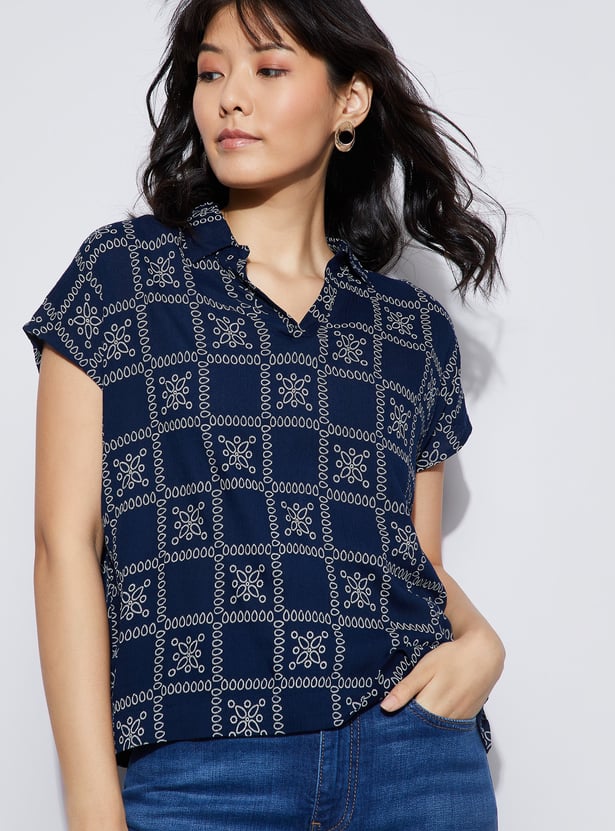 FAME FOREVER Geometric Print Johnny Collar T-shirt