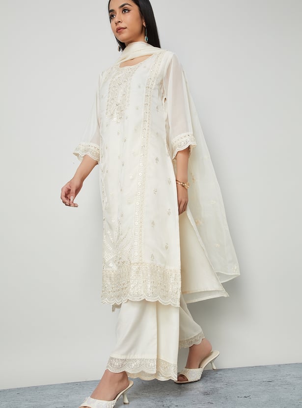 MELANGE Embroidered Hem Palazzos
