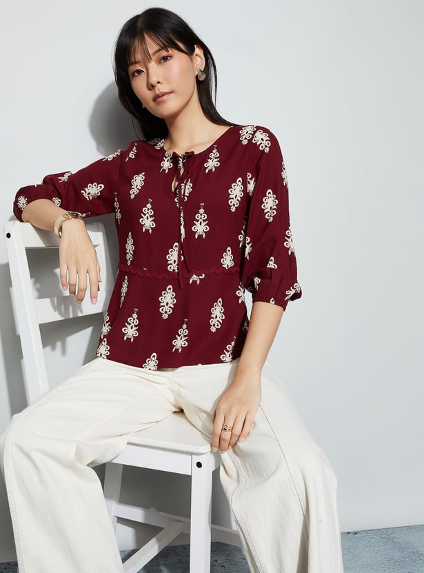 FAME FOREVER Embroidered Tie-Up Neck Top