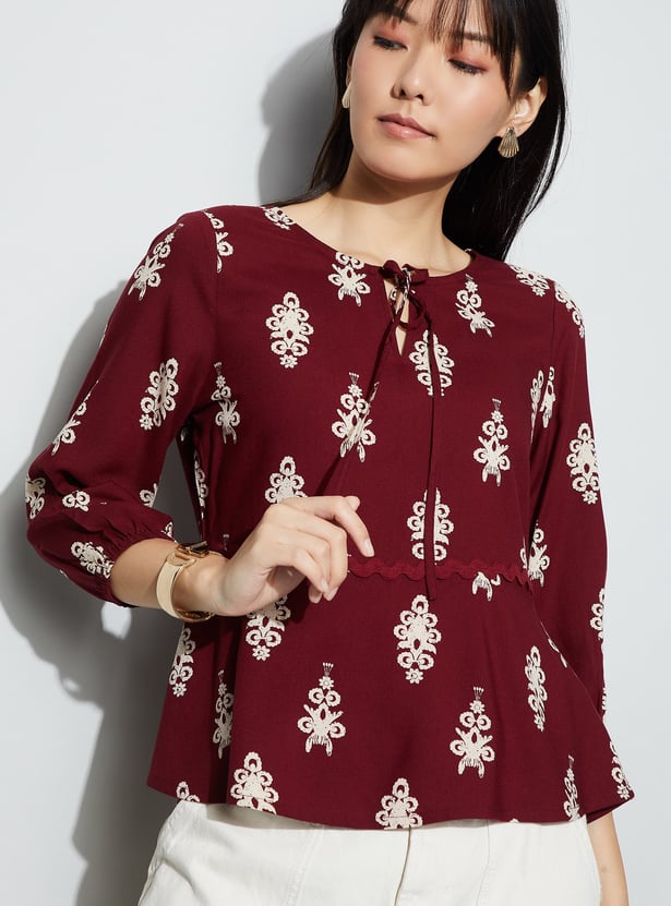 FAME FOREVER Embroidered Tie-Up Neck Top