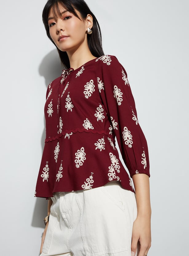 FAME FOREVER Embroidered Tie-Up Neck Top