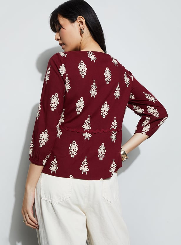 FAME FOREVER Embroidered Tie-Up Neck Top