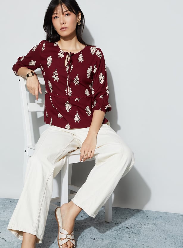FAME FOREVER Embroidered Tie-Up Neck Top