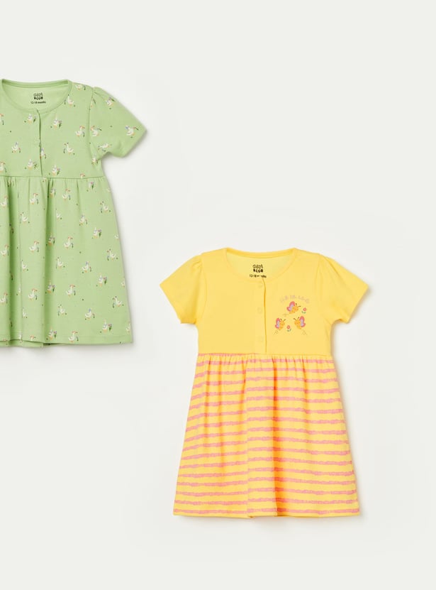 FS MINI KLUB Girls Printed and Striped Dress Set