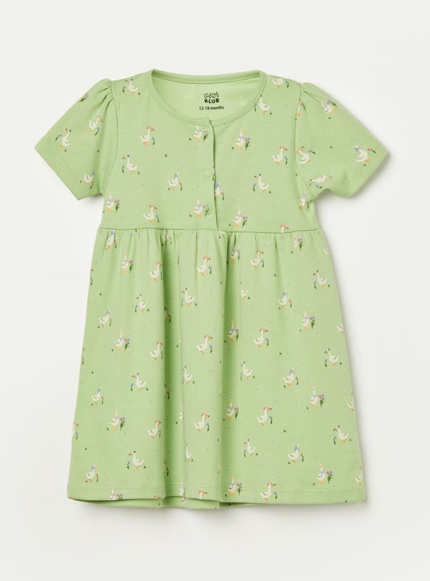 FS MINI KLUB Girls Printed and Striped Dress Set